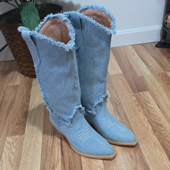 Frayed Denim Pullon Mid Calf Boots Womens 37 - Picture 1 of 7